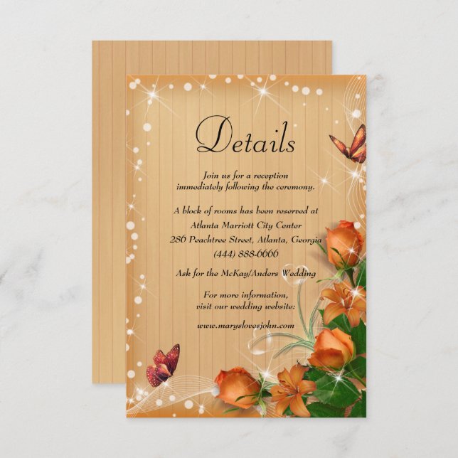 Rustic Wood Orange Floral Butterfly Wedding Detail Enclosure Card (Front/Back)