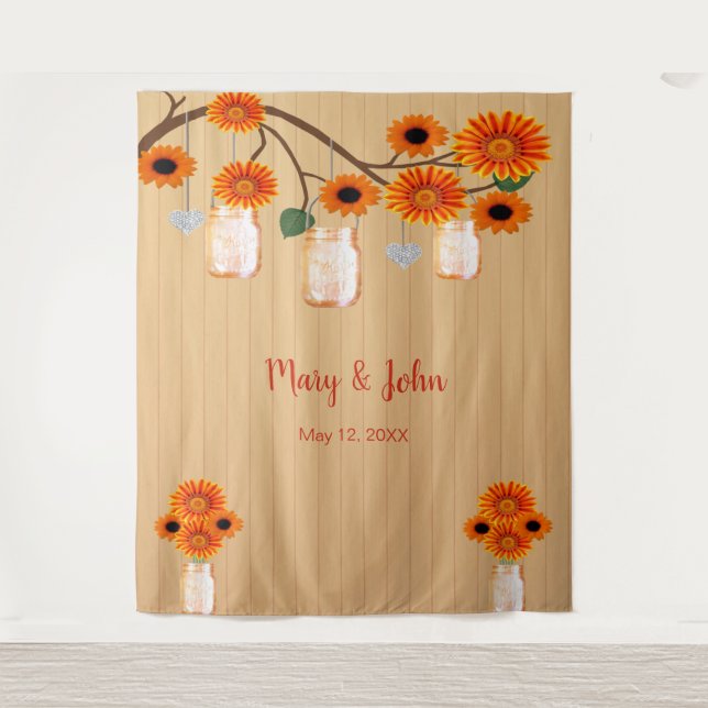 Rustic Wood Orange Floral Mason Jar Photo Backdrop Tapestry (Front)