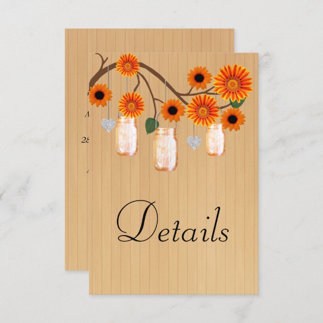 Rustic Wood Orange Floral Mason Jars Details Enclosure Card (Front/Back)