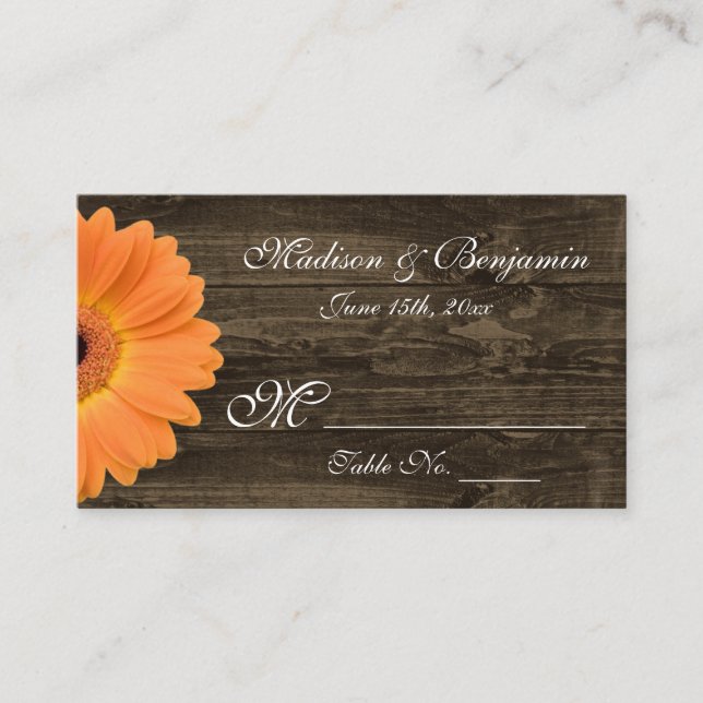 Rustic Wood Orange Gerber Daisy Wedding Place Card (Front)