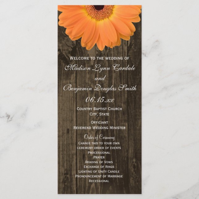 Rustic Wood Orange Gerber Daisy Wedding Programs Programme (Front)
