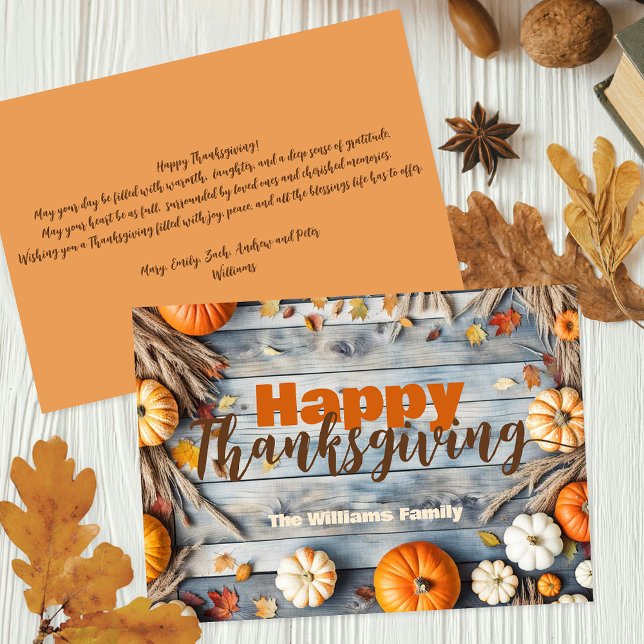 Rustic Wood Orange Pumpkins Family Thanksgiving Holiday Card (Creator Uploaded)