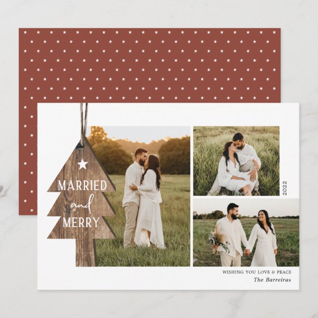 Rustic Wood Ornament Newlywed 3 Photo Christmas  Holiday Card (Front/Back)