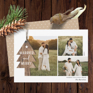 Rustic Wood Ornament Newlywed 3 Photo Christmas Holiday Card