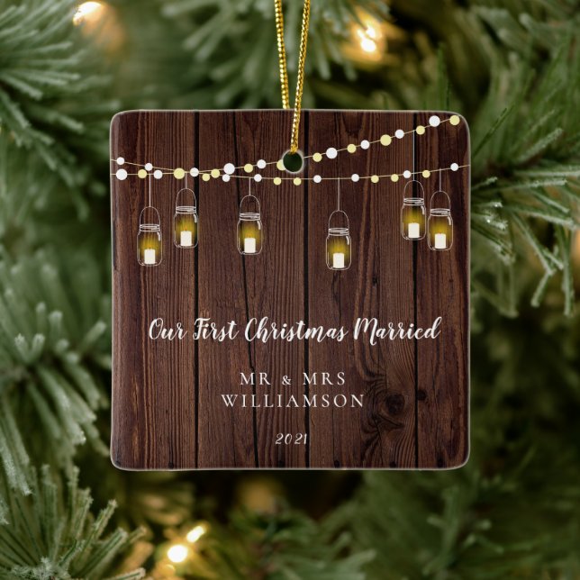 Rustic Wood Our First Christmas Married  Ceramic Ornament (Tree)