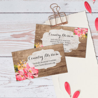 Rustic Wood & Painted Pink Hibiscus Flower Country Business Card