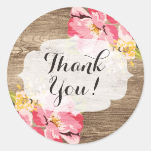 Rustic Wood & Painted Pink Hibiscus Thank You Classic Round Sticker