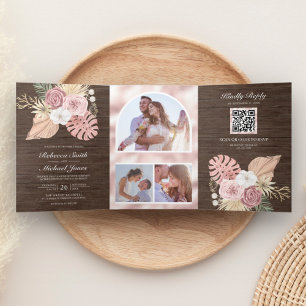 Rustic Wood Palm Dusty Pink Roses QR Code Wedding Tri-Fold Invitation