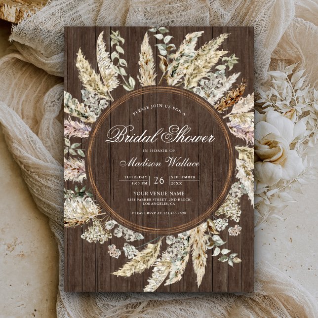 Rustic Wood Pampas Grass Boho Wreath Bridal Shower Invitation (Creator Uploaded)