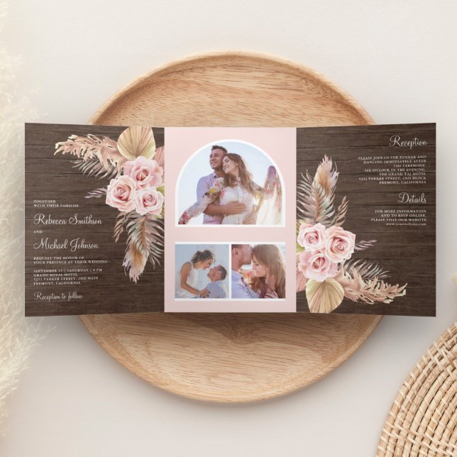 Rustic Wood Pampas Grass Dusty Pink Roses Wedding Tri-Fold Invitation (Creator Uploaded)