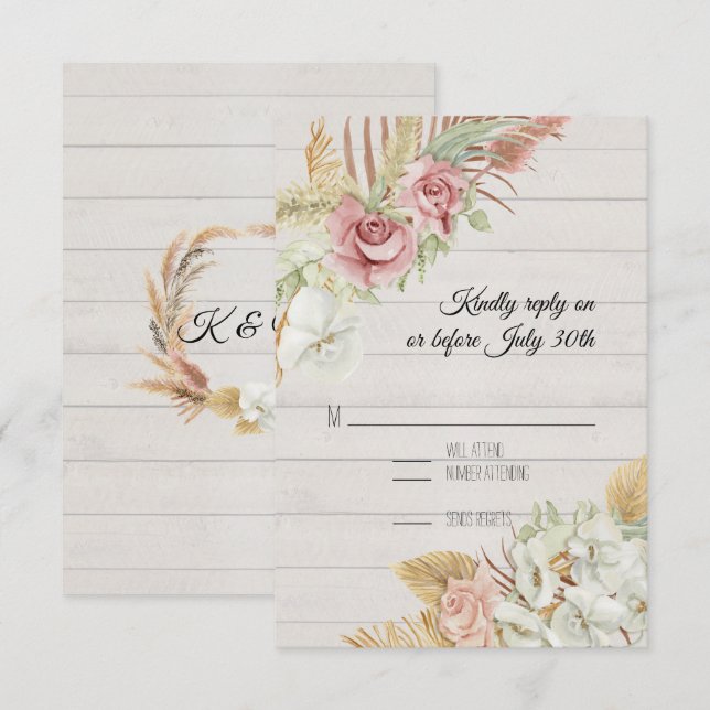 Rustic Wood Pampas Palm Rose Wreath Foliage RSVP Card (Front/Back)