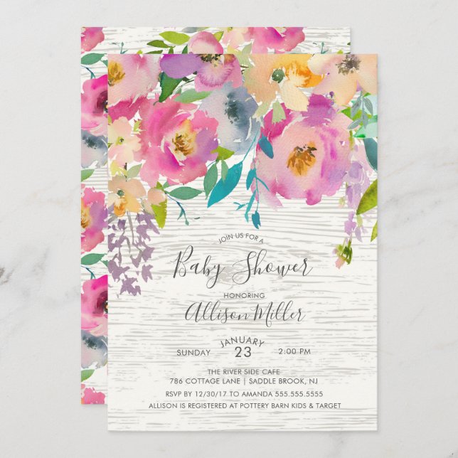 Rustic Wood Pastel Floral Baby Shower Invitation (Front/Back)
