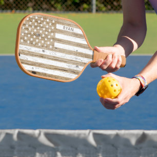 Rustic Wood Patriotic USA Flag Personalised Pickleball Paddle