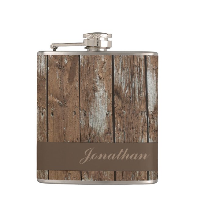 Rustic wood pattern customisable flask (Front)