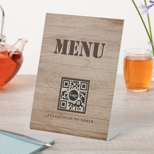 Rustic Wood Pattern Menu QR Code Black Pedestal Sign (In SItu)