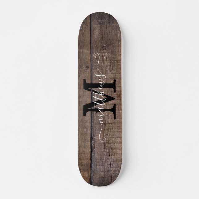 Rustic Wood Pattern Monogram Script Name  Skateboard (Front)