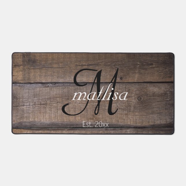 Rustic Wood Pattern Monogram Script Name Year  Desk Mat (Front)