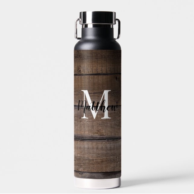 Rustic Wood Pattern Style Monogram Script  Water Bottle (Front)
