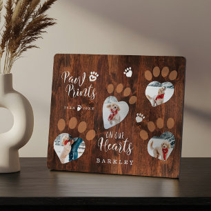 Rustic Wood Paw Prints on Our Hearts Photo Memory Plaque