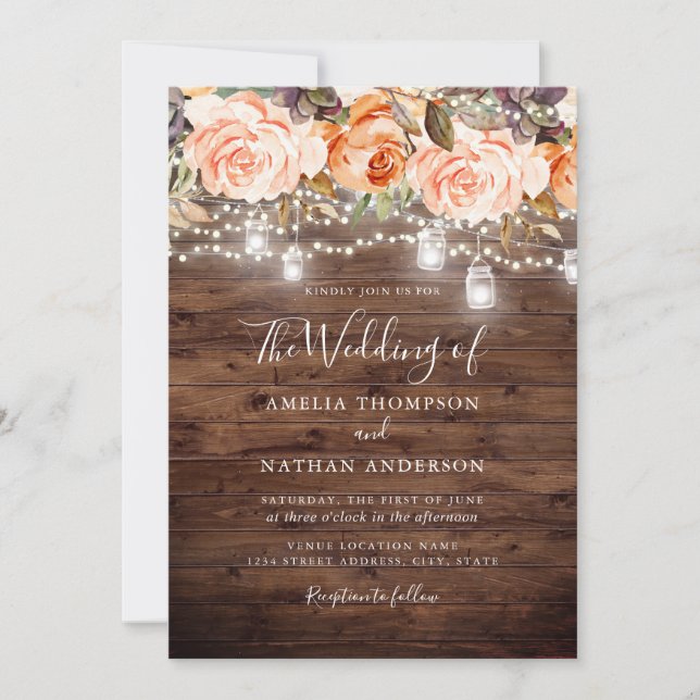 Rustic Wood Peach Floral Lights Wedding Invitation (Front)