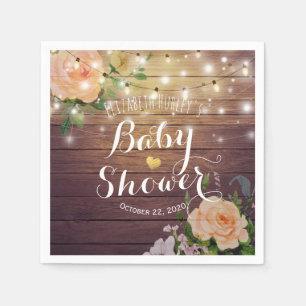 Rustic Wood Peach Floral String Lights Baby Shower Napkin