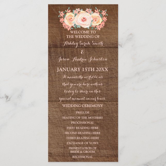 Rustic Wood Peach Floral Wedding Program Programme (Front)