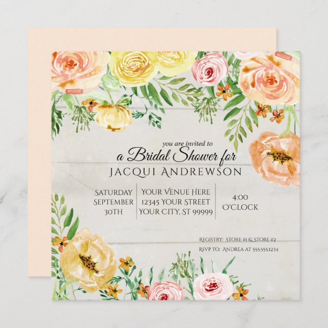 Rustic Wood Peach Orange Rose Floral Bridal Shower Invitation (Front/Back)