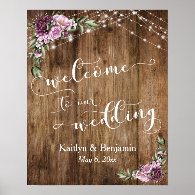 Rustic Wood Peonies & Lights Wedding Welcome Poster (Front)