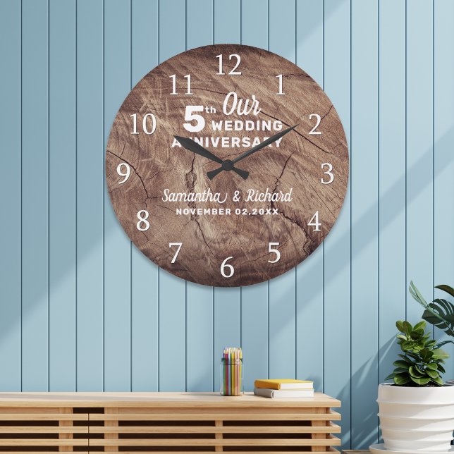 Rustic Wood Personalised 5th Wedding Anniversary  Large Clock (Rustic Wood Personalized 5th Wedding Anniversary Large Clock)