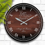 Rustic Wood Personalised Anniversary  Large Clock<br><div class="desc">Fun,  personalised design.  Makes the perfect gift for an anniversary or for the newlywed's housewarming party as well. A pretty faux wood background,  with a lovely sentiment that reads "the love we share is destined to age unto perfection",  along with the couple's first names and wedding date.</div>