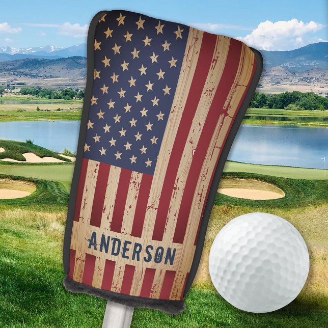 Rustic Wood Personalised Patriotic American Flag Golf Head Cover (Creator Uploaded)