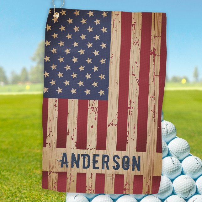 Rustic Wood Personalised Patriotic American Flag Golf Towel (Creator Uploaded)