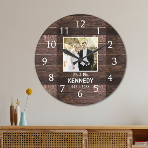 Rustic Wood Personalised Photo Wedding Anniversary Large Clock