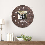 Rustic Wood Personalised Photo Wedding Anniversary Round Clock<br><div class="desc">Wedding clocks to personalise with the couple's photo and last name. The rustic wood background adds a country chic look. A great gift for weddings, anniversaries,  and new home housewarming .</div>