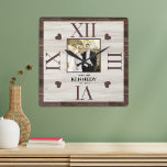 Rustic Wood Personalised Photo Wedding Anniversary Square Wall Clock<br><div class="desc">Wedding clocks to personalise with the couple's photo and last name. The rustic wood background adds a country chic look. A great gift for weddings, anniversaries,  and new home housewarming .</div>