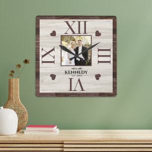 Rustic Wood Personalised Photo Wedding Anniversary Square Wall Clock
