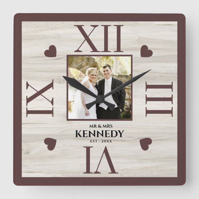 Rustic Wood Personalised Photo Wedding Anniversary Square Wall Clock (Front)