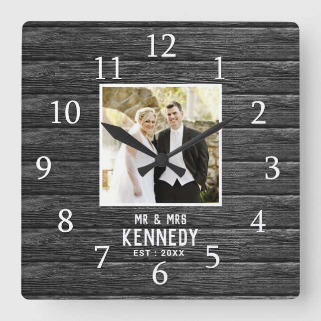 Rustic Wood Personalized Wedding Anniversary Photo Square Wall Clock (Front)