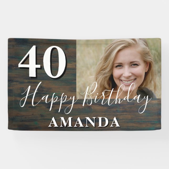 Rustic Wood Photo 40th Birthday Party Banner (Horizontal)