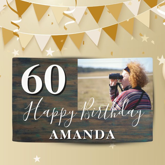 Rustic Wood Photo 60th Birthday Party Banner (Creator Uploaded)