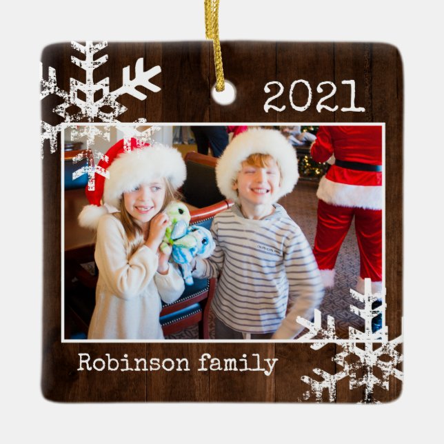 Rustic Wood Photo Border White Snowflakes Holiday Ceramic Ornament (Front)