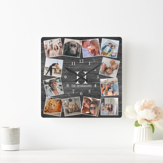 Rustic Wood Photo Collage Monogram Create Your Own Square Wall Clock (Home)