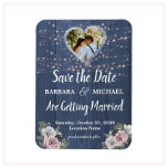 Rustic Wood Photo Floral Wedding Save the Date<br><div class="desc">This lovely watercolor Rustic Romantic Wood Twinkle Lights Floral Save the Date magnet features a slate blue wooden background with pink and white flowers, with just a touch of purple, highlighted by a photo of the bride and groom. Touches of calligraphy are a perfect accompaniment to the beautiful flowers. A...</div>