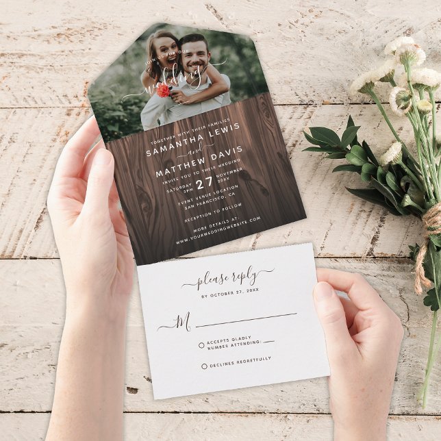 Rustic Wood Photo Outdoor Wedding All In One Invitation (Creator Uploaded)