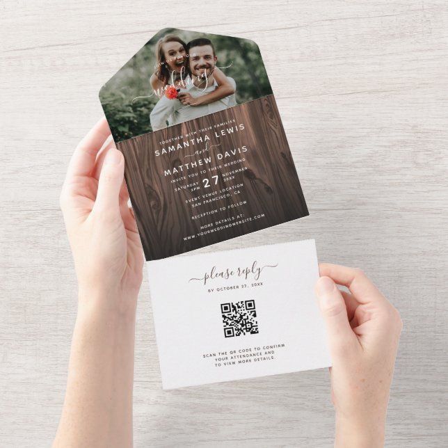 Rustic Wood Photo Outdoor Wedding QR Code RSVP All In One Invitation (Tearaway)