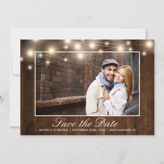 Rustic Wood Photo String Lights | Save the Date (Front)