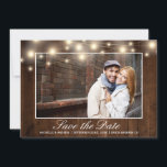 Rustic Wood Photo String Lights | Save the Date<br><div class="desc">This save the date card features a rustic wood background and string lights it also allows for one photo. Give your guests the feel of your barn,  county,  vineyard style wedding with this card.</div>