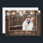 Rustic Wood Photo String Lights | Save the Date<br><div class="desc">This save the date card features a rustic wood background and string lights it also allows for one photo. Give your guests the feel of your barn,  county,  vineyard style wedding with this card.</div>