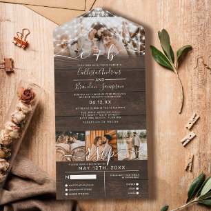 Rustic Wood Photo String Lights Wedding RSVP All In One Invitation