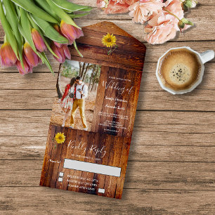 Rustic wood photo sunflower Wedding All In One Invitation